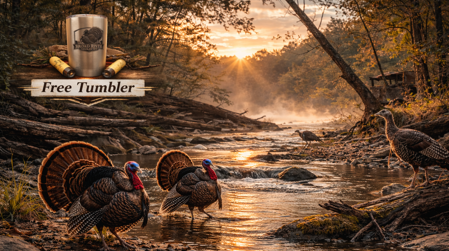 Turkeys by a stream with a sunset and 'Free Tumbler' promotion.